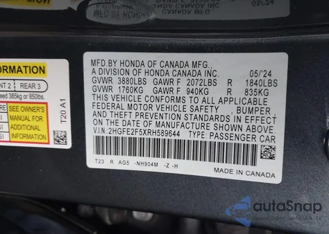 2024 Honda Civic Sport from USA, damaged, VIN 2HGFE2F5XRH589644